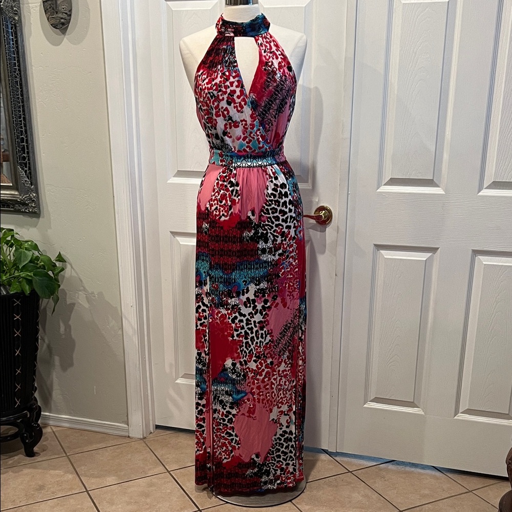 bebe Colorful Abstract Animal Print Halter Maxi Dress